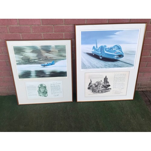 326 - Two Framed Prints Of Donald Campbell Speed on water and land signed by his Daughter both prints are ... 