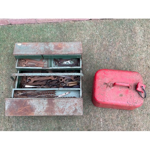 562 - Metal cantilever tool box & red fuel can