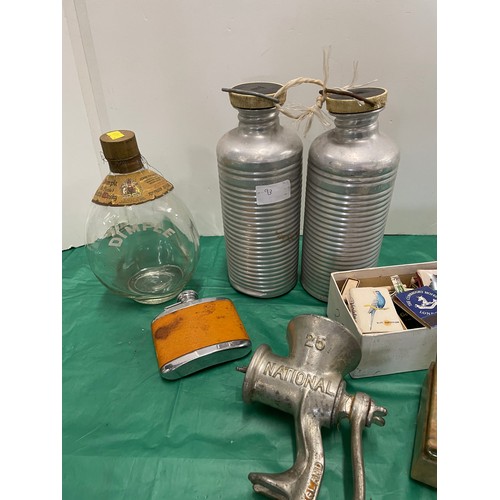 545 - Collection of collectables including flasks, mincer & matches