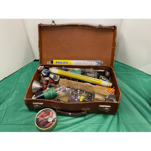 542 - Leather suitcase with collection of vintage lightbulbs & more