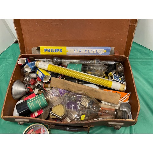 542 - Leather suitcase with collection of vintage lightbulbs & more