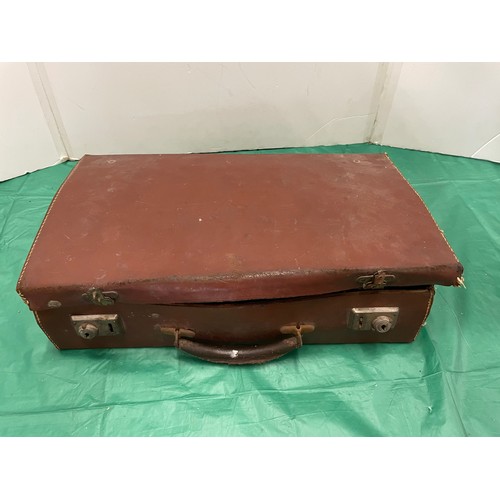 542 - Leather suitcase with collection of vintage lightbulbs & more