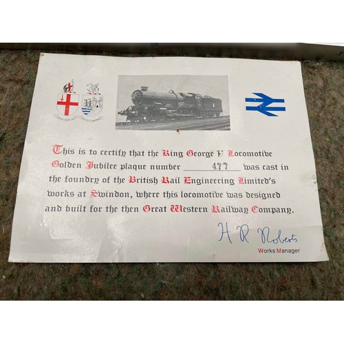 658 - KING GEORGE V GOLDEN JUBILEE train plaque with certificate