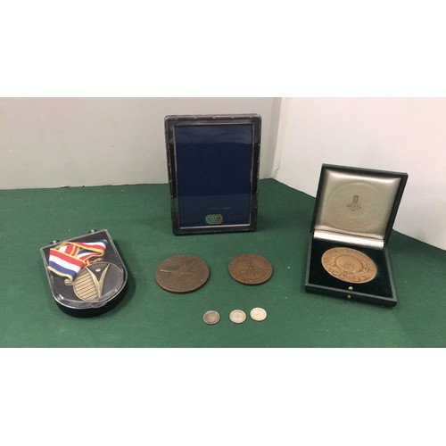 226 - Cased medallions, 1938, 1936, 1931 3 pence pieces, silver plated photo frame