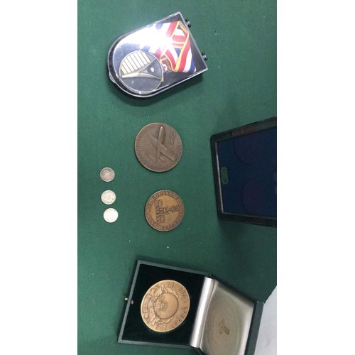 226 - Cased medallions, 1938, 1936, 1931 3 pence pieces, silver plated photo frame