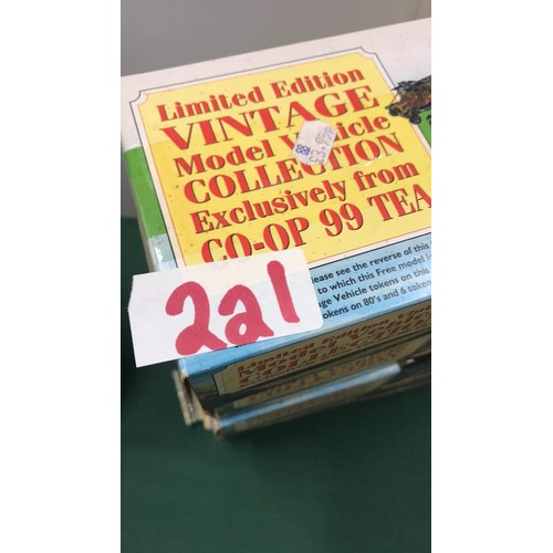 221 - 4 limited edition co-op cars boxed, cigarette cards and tea cards