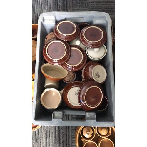 342 - Large collection of mixed glazed brown kitchen ware to include denby