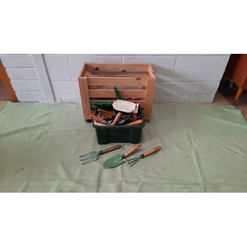 145 - wooden box containing gardening tools and DIY