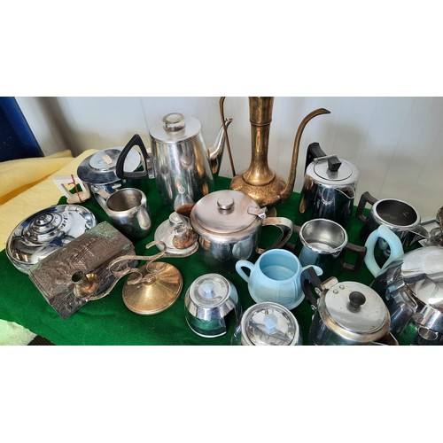 129 - mixed flatware to include teapots brass coffee pot and more