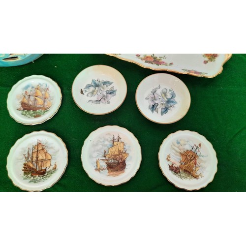 126 - pin dishes wit ship motif, royal Albert country rose tray and more