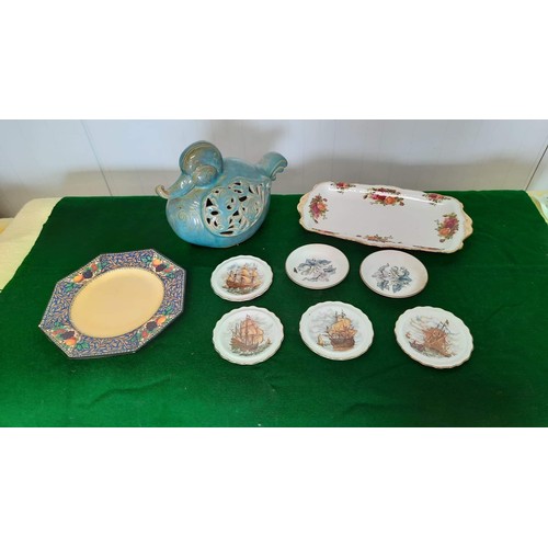 126 - pin dishes wit ship motif, royal Albert country rose tray and more