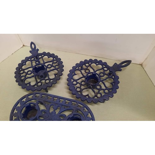 18 - 3 blue metal kitchen trivets