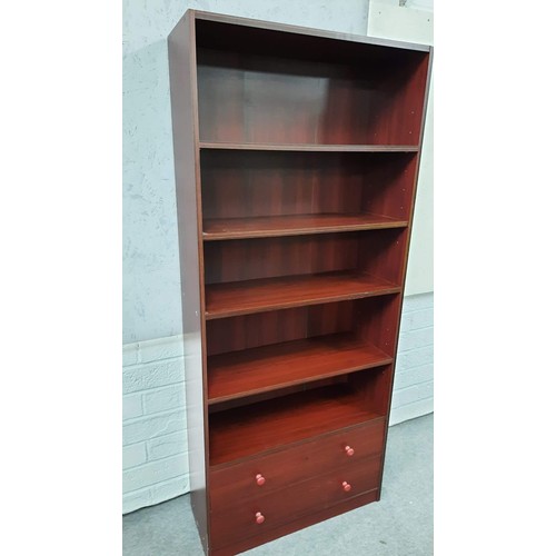 402 - TALLL MAHOGANY FINISH BOOK SHELVING WITH DRAWERS