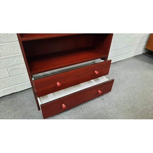 402 - TALLL MAHOGANY FINISH BOOK SHELVING WITH DRAWERS