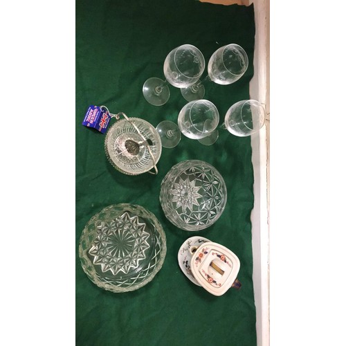 111a - 4 wine glasses, 2 bowls, 1 sugar dish & china tea pot