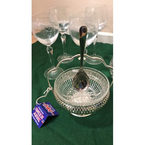 111a - 4 wine glasses, 2 bowls, 1 sugar dish & china tea pot