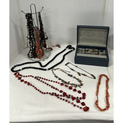 27 - Costume jewellery, necklace stand and jewellery box