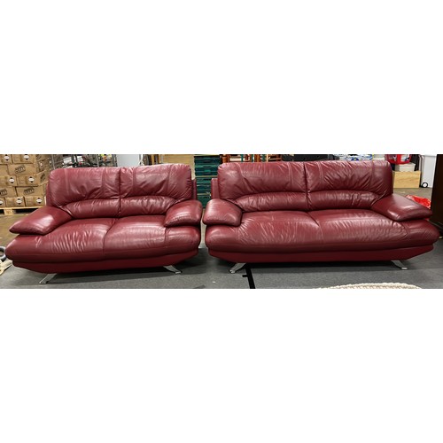 392 - 3 X 2 RED FINISH SOFAS IN CONTEMPURY STYLE ONE ARM HAS A REPAIR