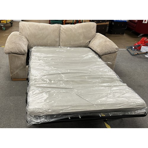 140 - TWO SEATER BED SOFA WITH CORD FINISH HAS METAL ACTION AND NEW MATTRESS CUSHIONS NEED CLEAN HAS TAPE ... 