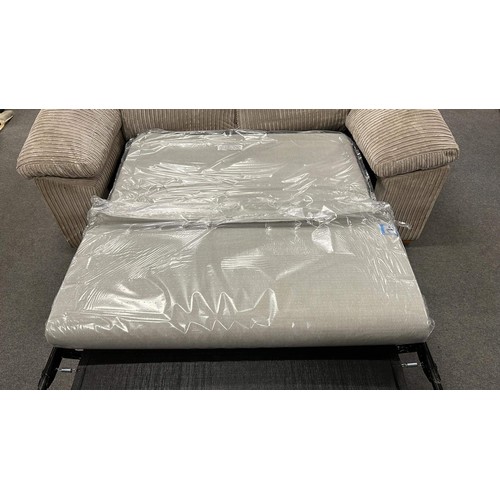 140 - TWO SEATER BED SOFA WITH CORD FINISH HAS METAL ACTION AND NEW MATTRESS CUSHIONS NEED CLEAN HAS TAPE ... 