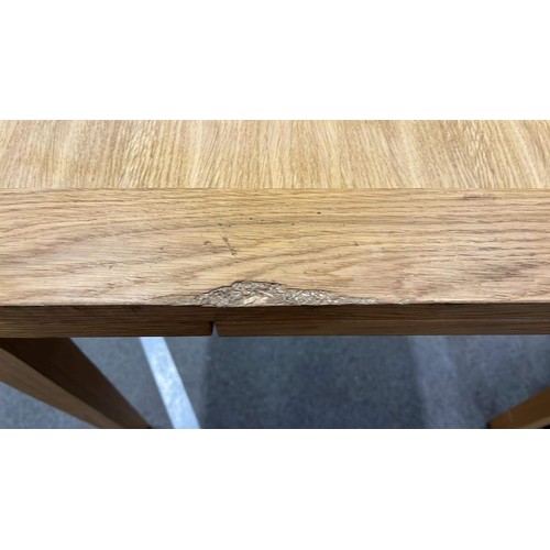 145 - SQUARE OAK DINNING TABLE WITH PULL OUT LEAVES DOES HAVE A CHIP TO TOP SEE PICTURE