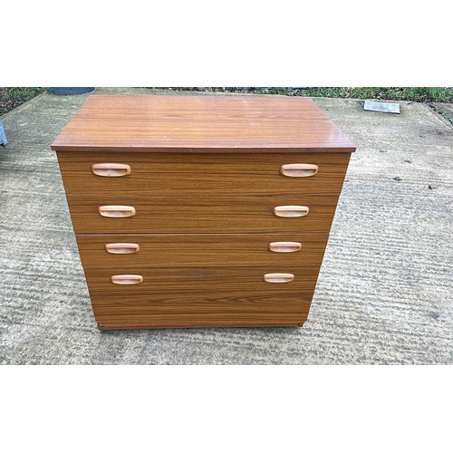 412 - TEAK EFFECT CHEST OF DRAWERS BOTTOM DRAW HAS DAMAGE