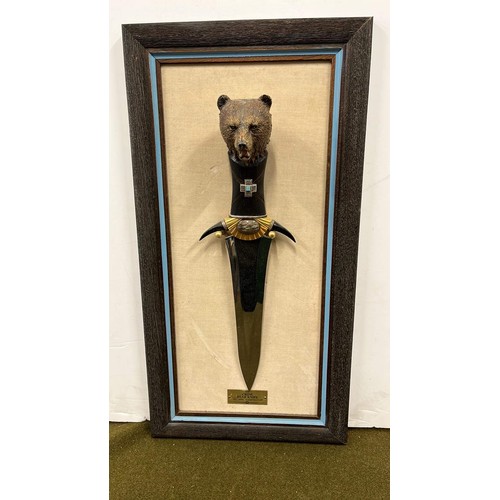 318 - NORTH AMERICAN FRAMED HUNTING KNIFE BY BEN NIGHT HORSE  SIZE 20.5 X 10.5 INCHES - THE CROW BEAR KNIF... 