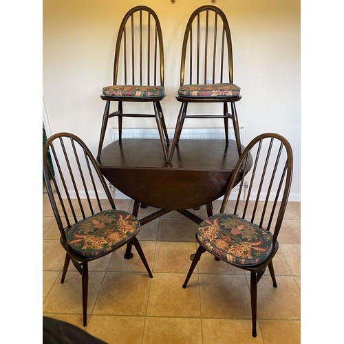 263 - Mid Century Dark Ercol Model 377 Drop Leaf Dining Table & 4 Windsor 365 Chairs