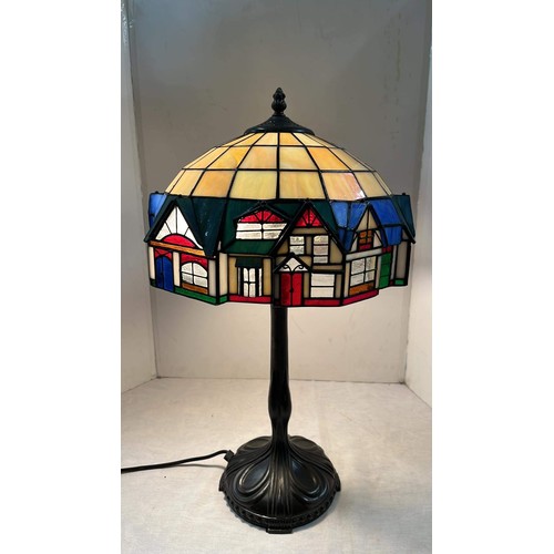 299 - TIFFANY STYLE - TALL SIDE LAMP WITH HOUSE DETAIL - 60CM HIGH AND 35CM WIDE