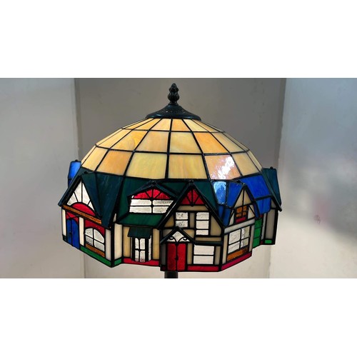 299 - TIFFANY STYLE - TALL SIDE LAMP WITH HOUSE DETAIL - 60CM HIGH AND 35CM WIDE