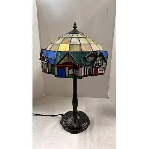 299 - TIFFANY STYLE - TALL SIDE LAMP WITH HOUSE DETAIL - 60CM HIGH AND 35CM WIDE