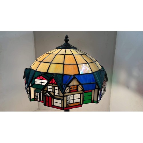 299 - TIFFANY STYLE - TALL SIDE LAMP WITH HOUSE DETAIL - 60CM HIGH AND 35CM WIDE