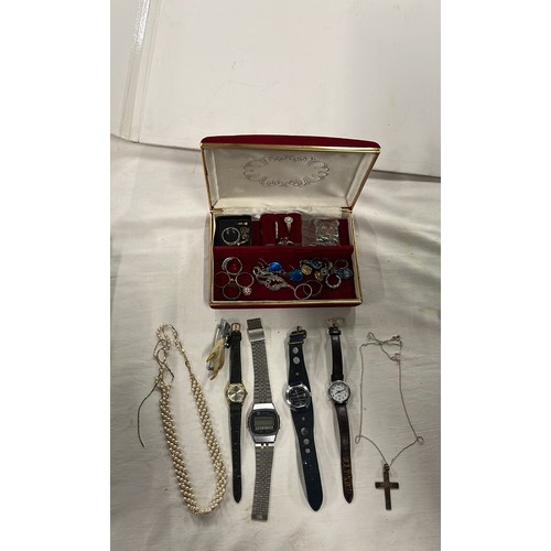 654 - Box of collectables including Scottish claw, silver crucifix pendant, watches & more