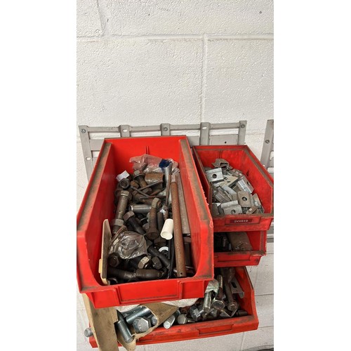 204 - FOUR RED STORAGE BOXES WITH HEAVY DUTY BOLTS 8.8 AND OTHER ITEMS