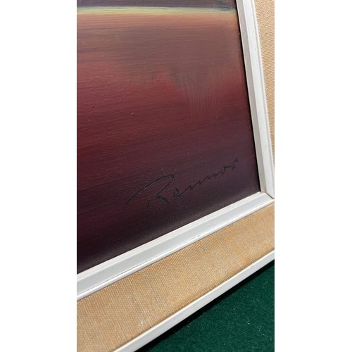 435 - LARGE RETRO FRAMED ART WORK OF SAILING BOATS UNDER THE RED SKY IN OIL SIGNED