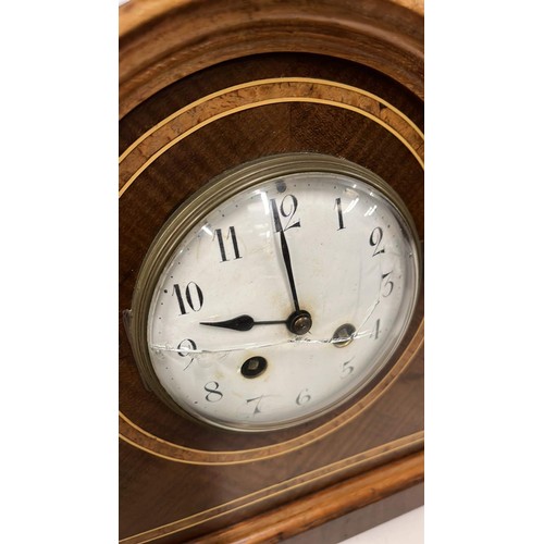 566 - WALNUT CASE MANTLE CLOCK GLASS BESAL IS DAMAGED