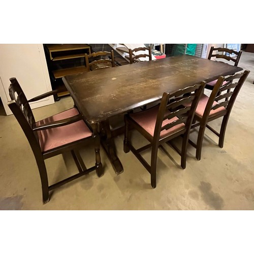 222 - OAK TABLE AND SIX LADDER BACK CHAIRS