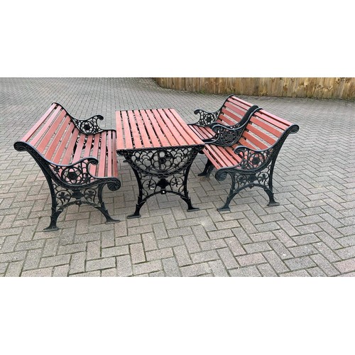 62 - GARDEN METAL AND WOOD BENCH , TABLE AND TWO CHAIRS SET SEE ALL PICTURES