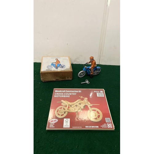 2 - BOXED CLOCK WORK MOTOR CYCLE AND RIDER PLUS A WOOD PUZZLE