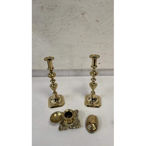 91 - BRASS CANDLE STICKS  , INK WELL AND BOX