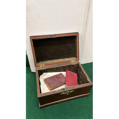 267 - MAHOGANY BOX ON BRACKET FEET AND BRASS DETAIL WITH CONTENTS OF BOOKS