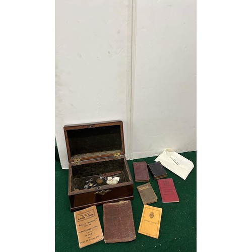 267 - MAHOGANY BOX ON BRACKET FEET AND BRASS DETAIL WITH CONTENTS OF BOOKS