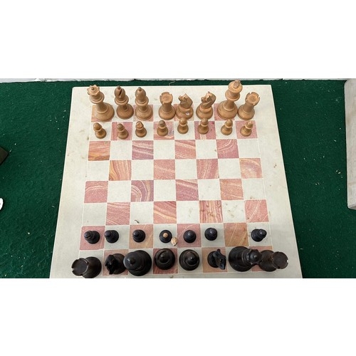 280 - WOODEN CHESS PIECES AND OTHER BOARD some are damaged and one porn missing