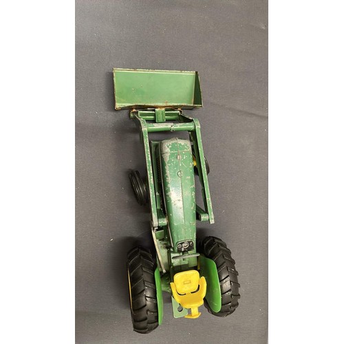 76 - VINTAGE TOY TRACTOR WITH FRONT END LOADER IN JOHN DEER COLOURS