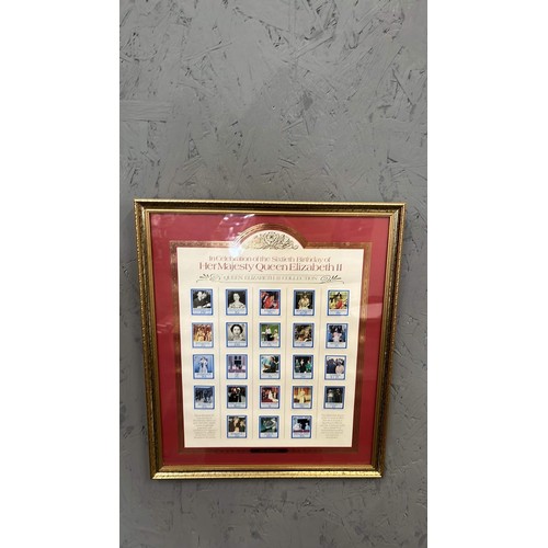 71 - THREE FRAMED AND GLAZED STAMPS THE ROYAL FAMILY , THE PRINCESS OF WALES AND THE QUEEN MOTHER