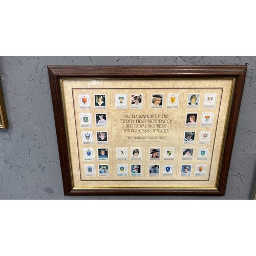 71 - THREE FRAMED AND GLAZED STAMPS THE ROYAL FAMILY , THE PRINCESS OF WALES AND THE QUEEN MOTHER