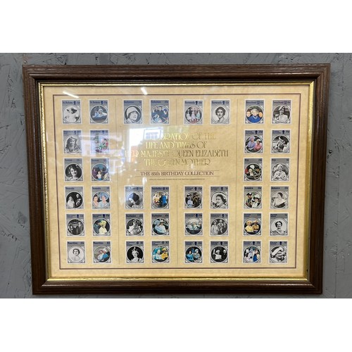 71 - THREE FRAMED AND GLAZED STAMPS THE ROYAL FAMILY , THE PRINCESS OF WALES AND THE QUEEN MOTHER