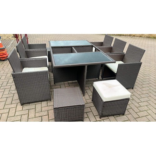 59 - GREY OUT SIDE GARDEN TABLE WITH SIX CHAIRS IN A WOVEN DESIGN SEE ALL PICTURES MIDDLE GLASS MISSING... 