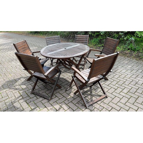 55 - WOODEN GARDEN TABLE SET WITH SIX CHAIRS FOLDING