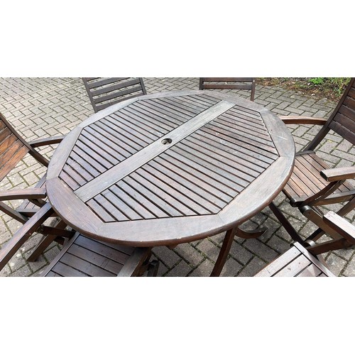 55 - WOODEN GARDEN TABLE SET WITH SIX CHAIRS FOLDING